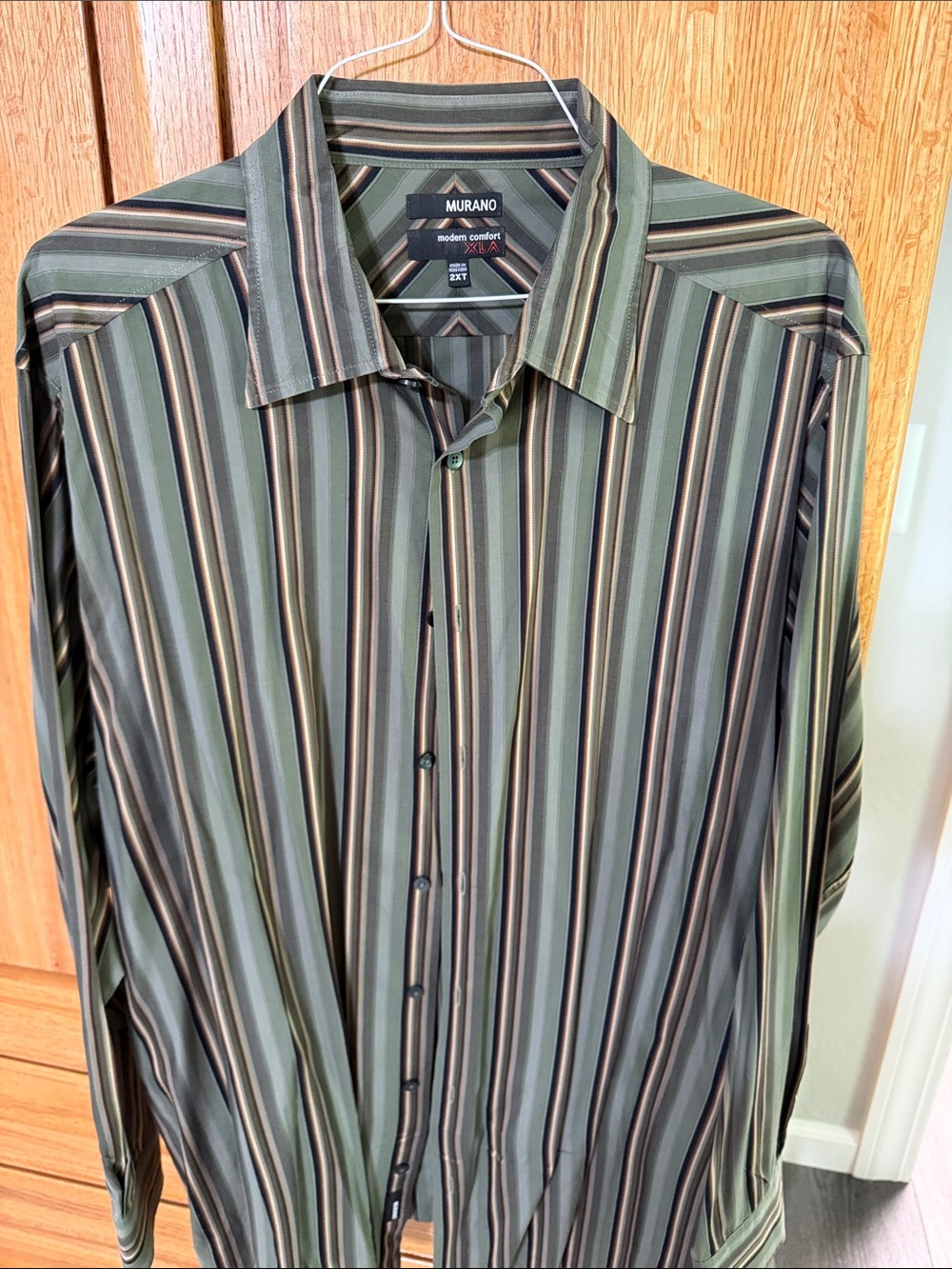 Murano Men's Olive Green Multi-Stripe Button-Down Shirt